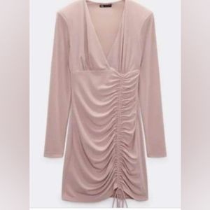 Zara Woman Pale Pink Draped Dress Size Medium V Neck Long Sleeve